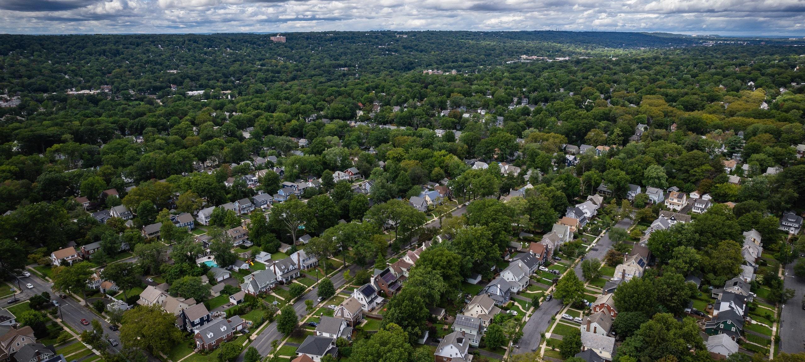 Aerial view of residential neighborhood in Maplewood, New Jersey
