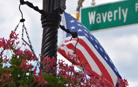 American flag from lamppost on Waverly Street, Madison Borough